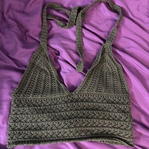 ROMWE Olive Green Crochet Halter Top